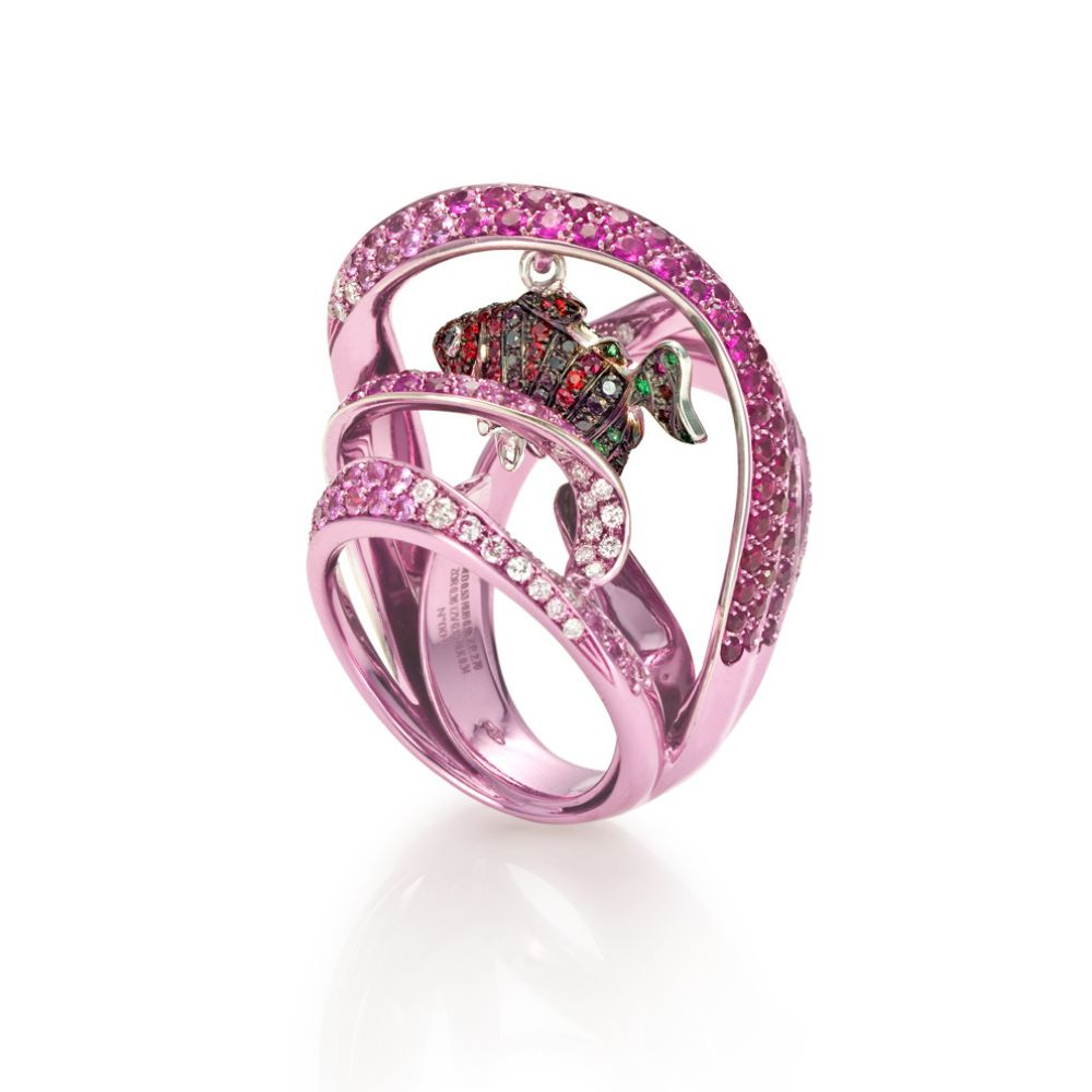 Red Coral Reef Fish Ring in Pink E-Coated 18k White Gold
