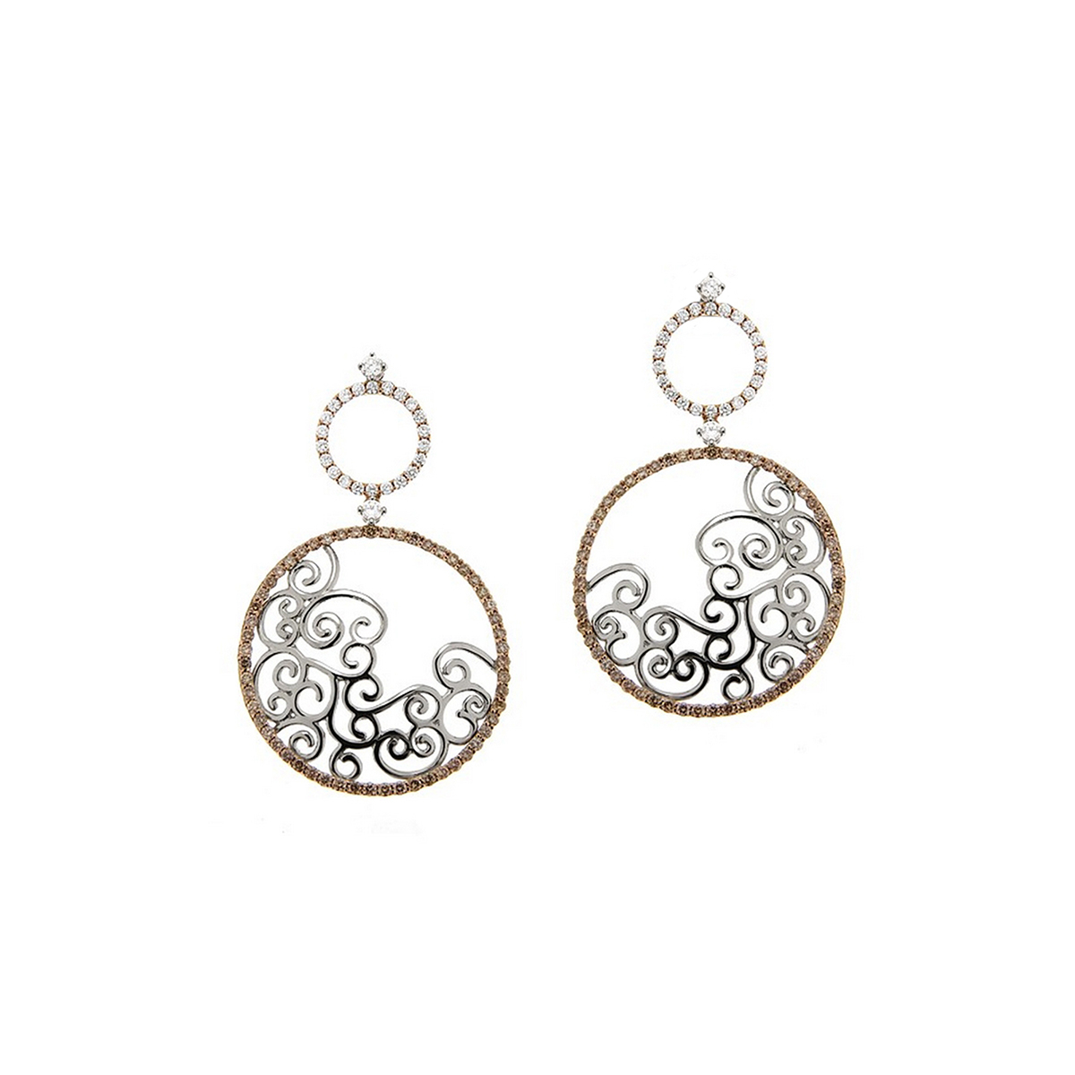 18 K Rose and White Gold Twirl Circle Earrings with White and Brown Diamonds