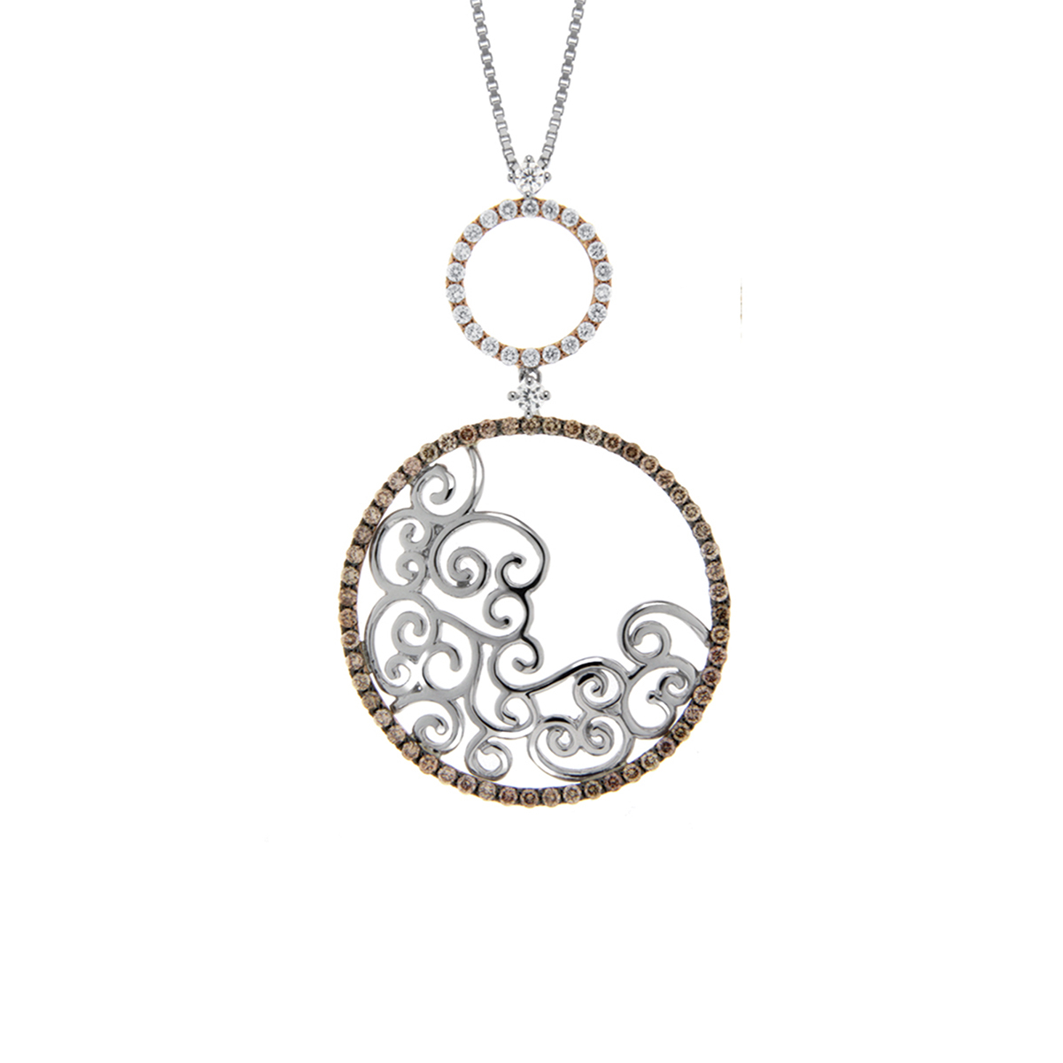 18 K Rose and White Gold Twirl Circle Pendant Necklace with White and Brown Diamonds