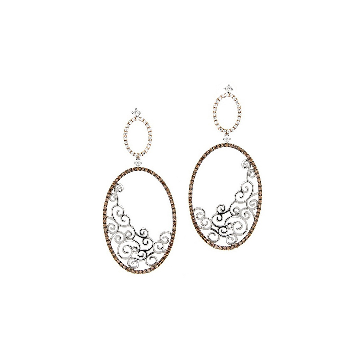 18 K Rose and White Gold Twirl Oval Earrings with White and Brown Diamonds