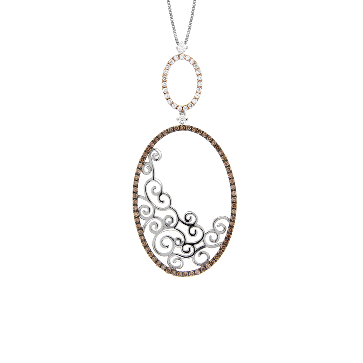 18 K Rose and White Gold Twirl Oval Necklace with White and Brown Diamonds