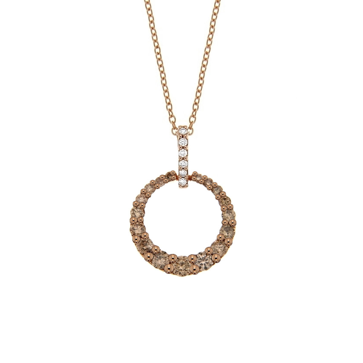 18 K Rose Gold Circle Pendant with White and Brown Diamonds