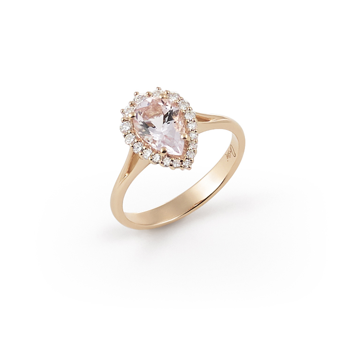 18 K Rose Gold Morganite Teardrop Ring with Diamond Halo