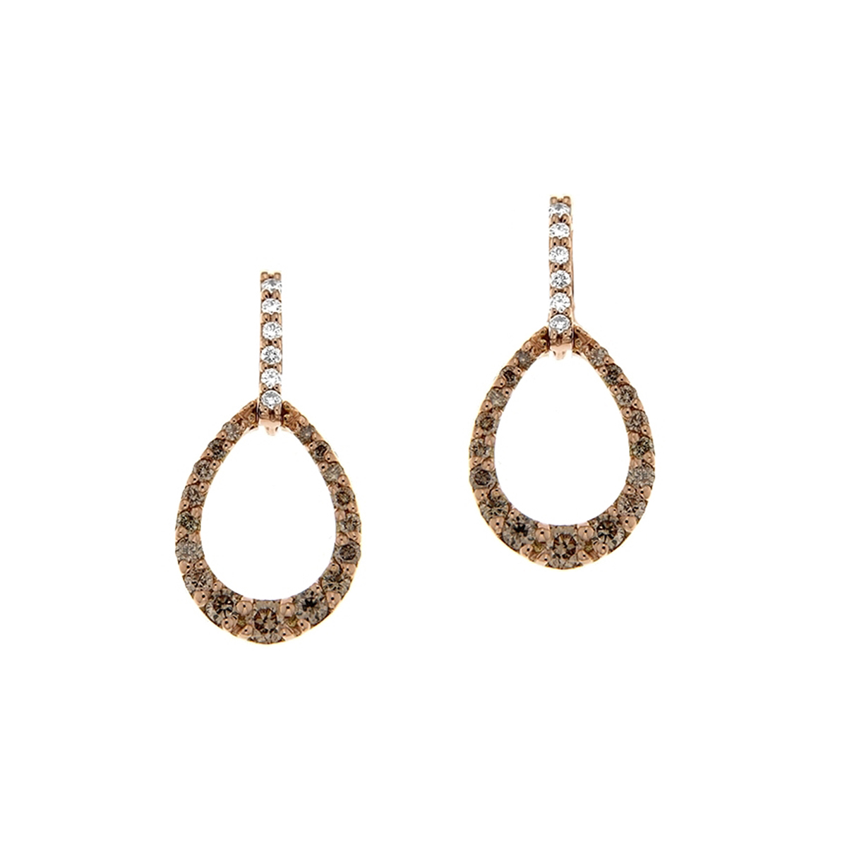 18 K Rose Gold Small Teardrop Earrings with White and Brown Diamonds