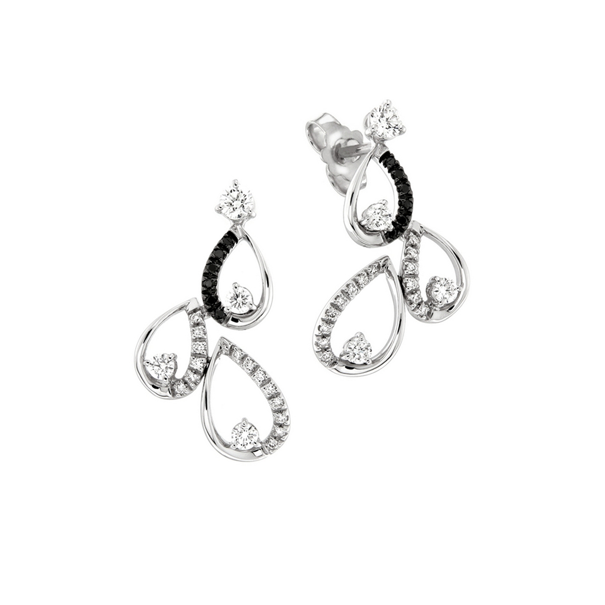 18 K White Gold Multi-Drop Dangle Earrings with Black and White Diamonds