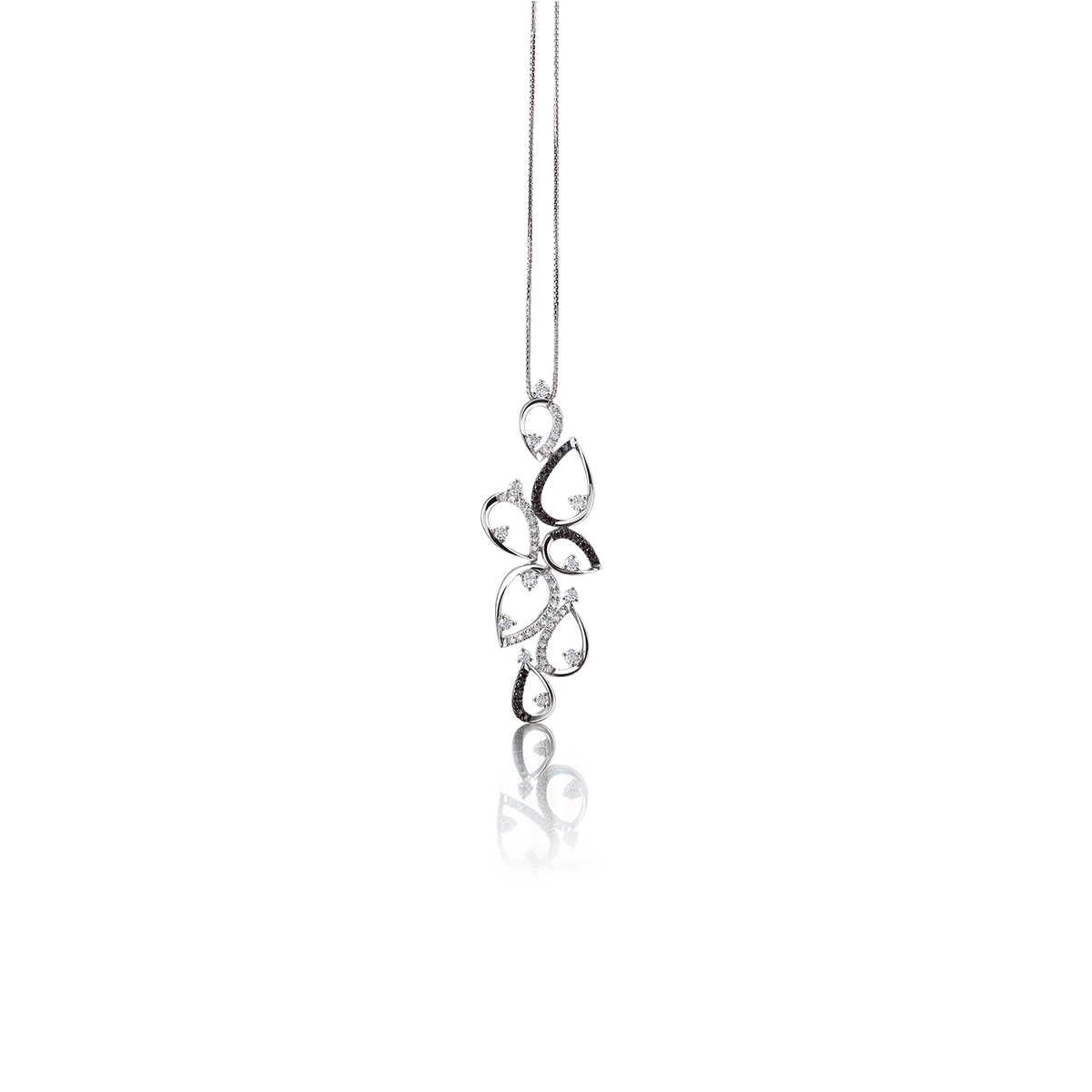 18 K White Gold Multi-Drop Necklace with Black and White Diamonds