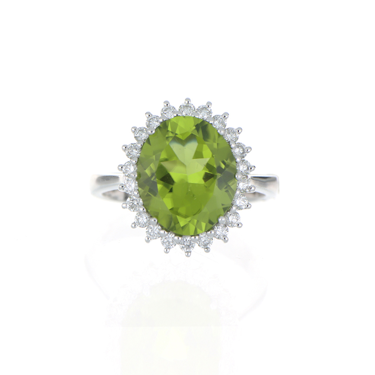 18 K White Gold Ring with Oval Green Peridot and Diamond Halo