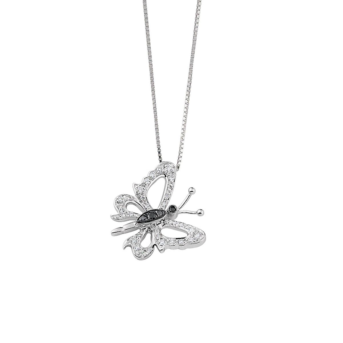 Black and White Diamond Butterfly Pendant Necklace in 18 K White Gold 