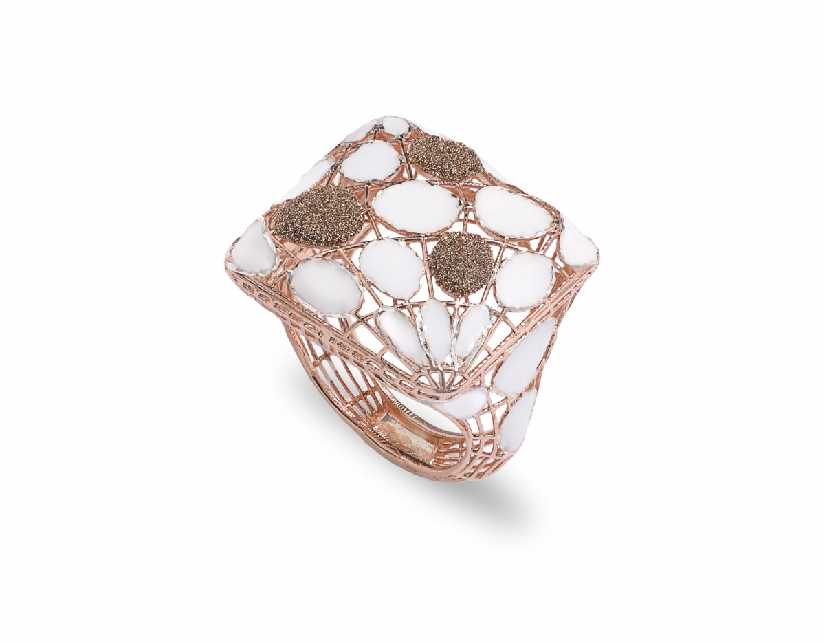 Rose Silver Ring with white enamel and diamond paste