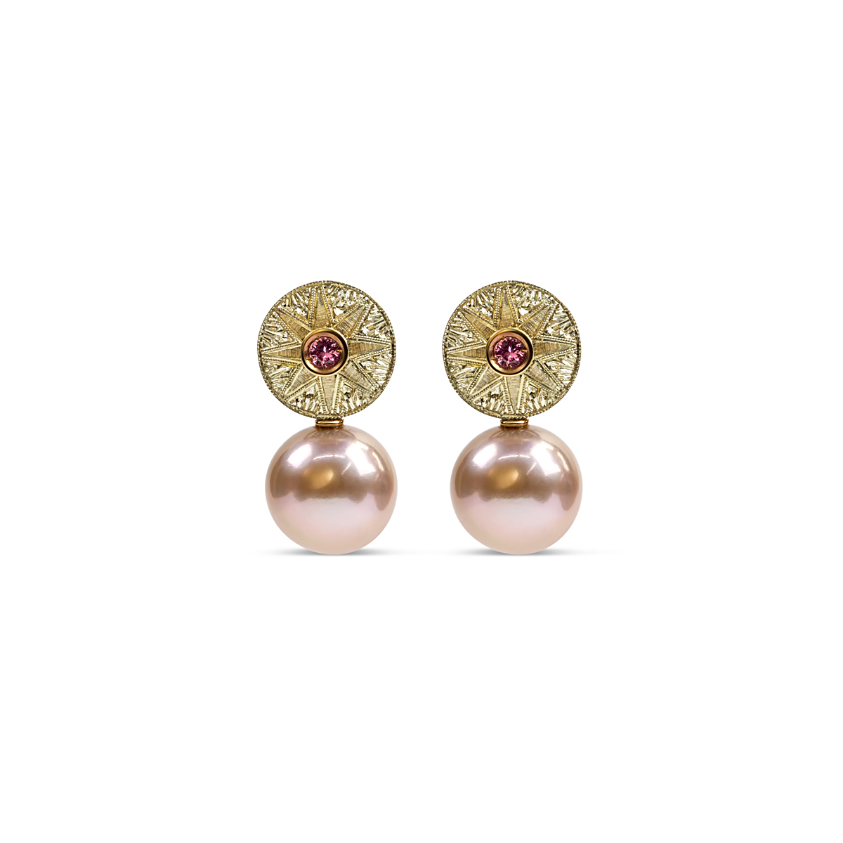Pink Freshwater Pearl Earrings - Engraved 18K Gold and Silver 
