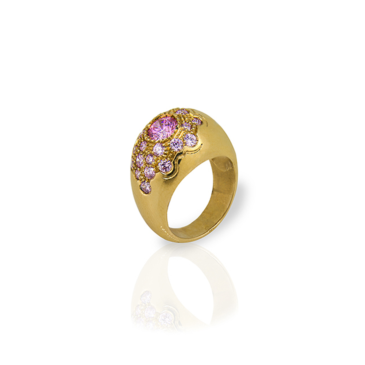 Bronze egg-shaped ring paved with pink zircon