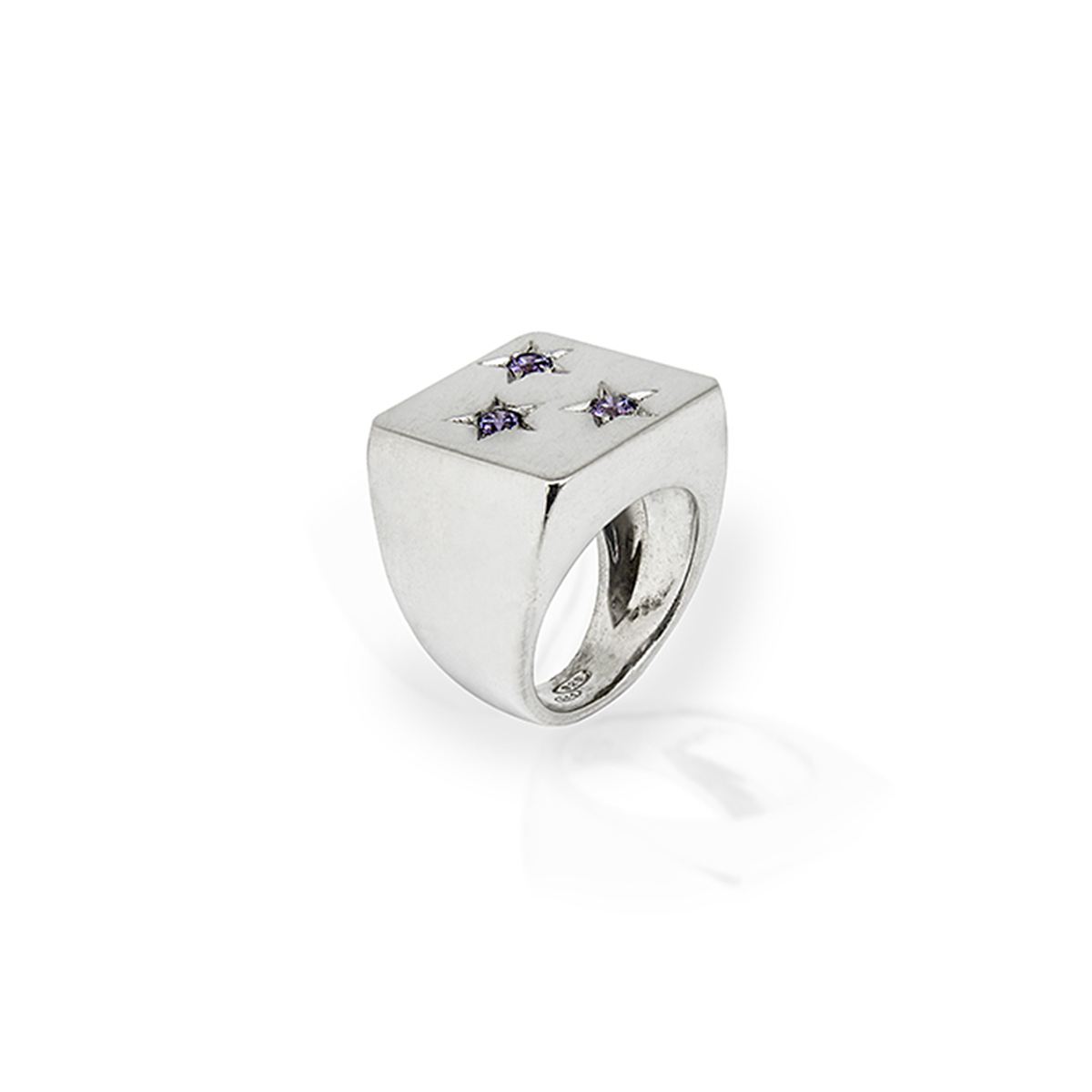 Silver Sqaure Ring with Star Shaped details and 3 purple zircons