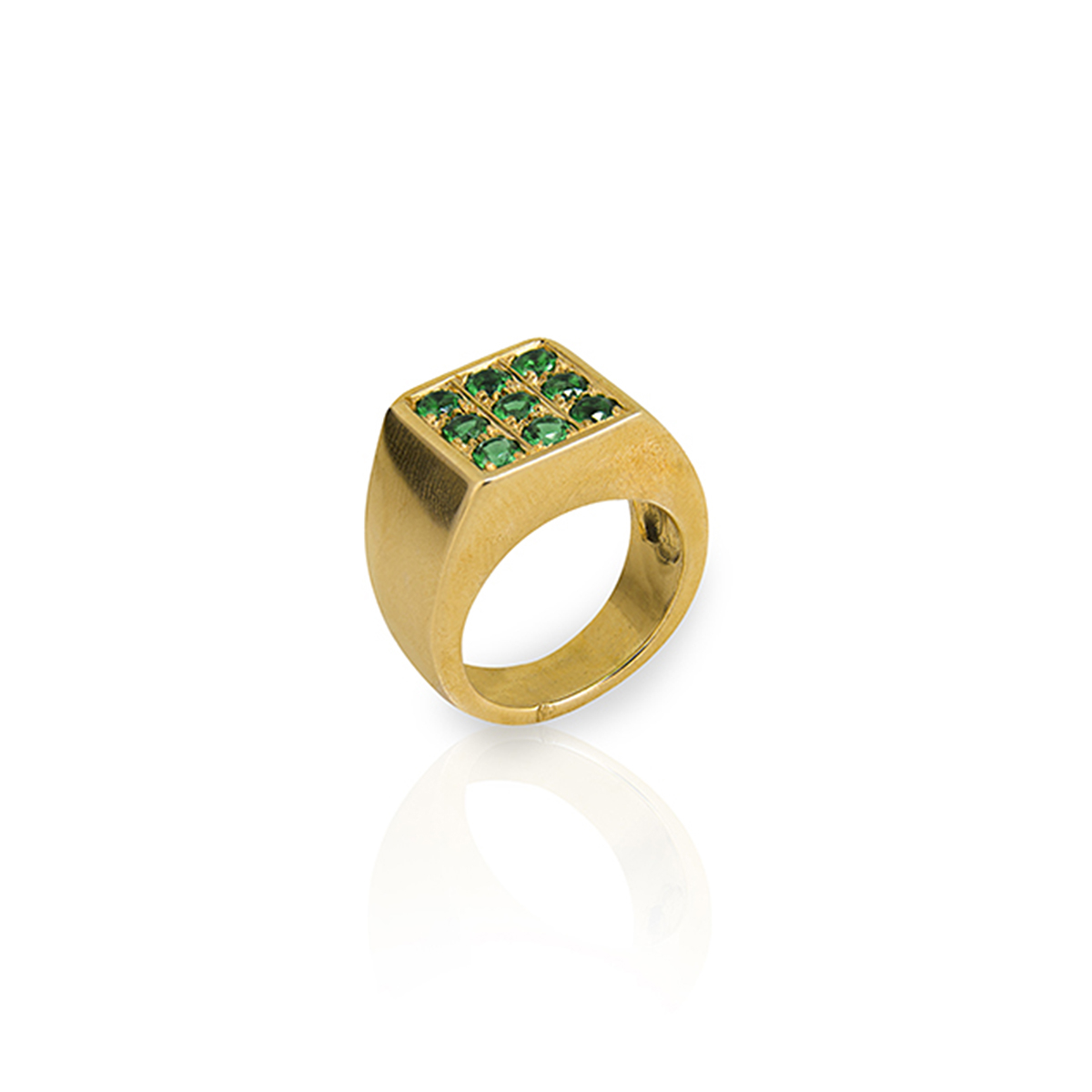 Square ring in bronze paved with green zircons
